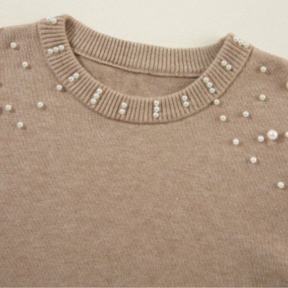 NWOT Smoke Gray Pearled Drop Shoulder Round Neck Sweater - Picture 9 of 12